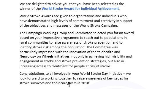 World Stroke Award from World Stroke Organization