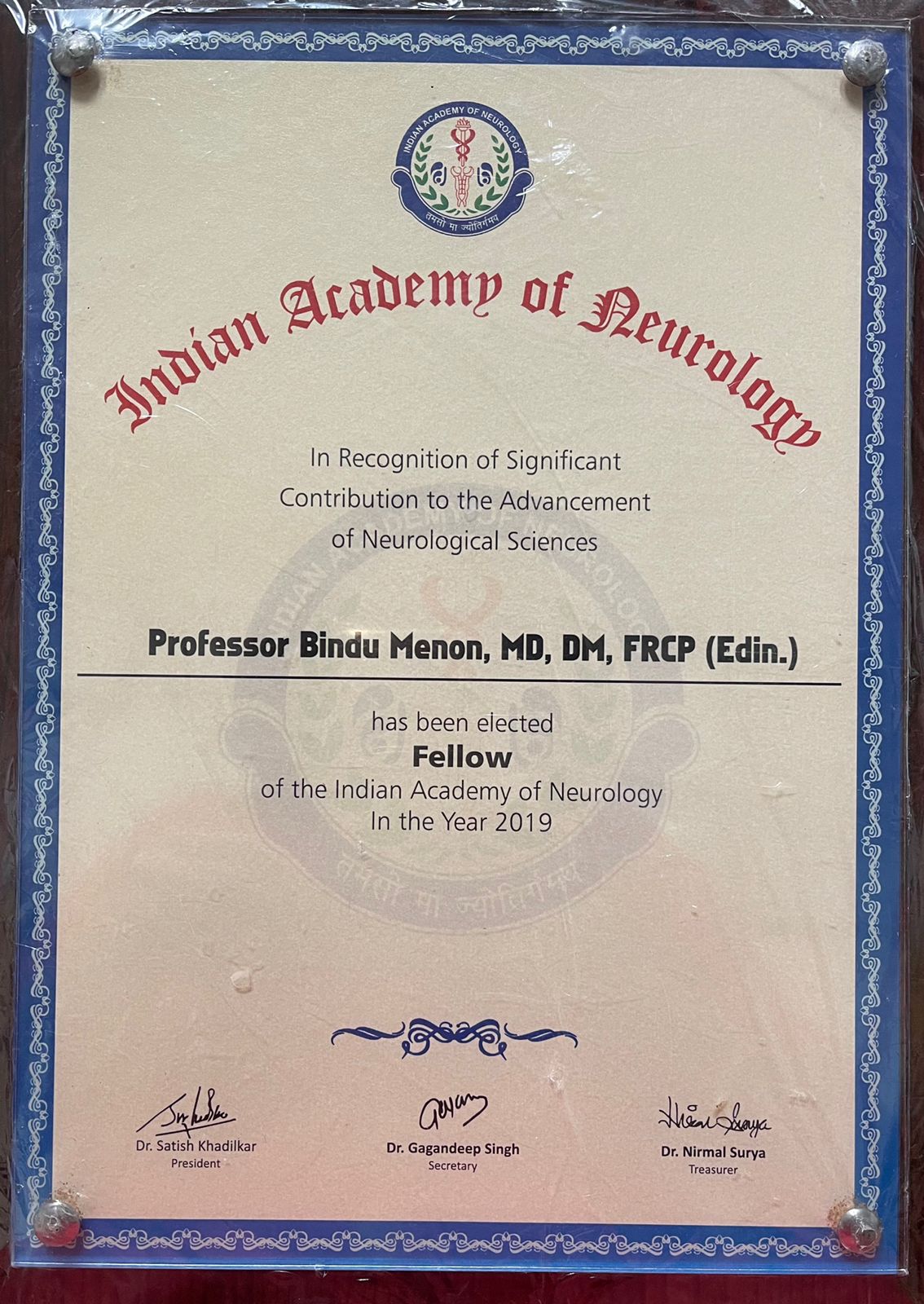 Fellow of Indian Academy of Neurology 2019