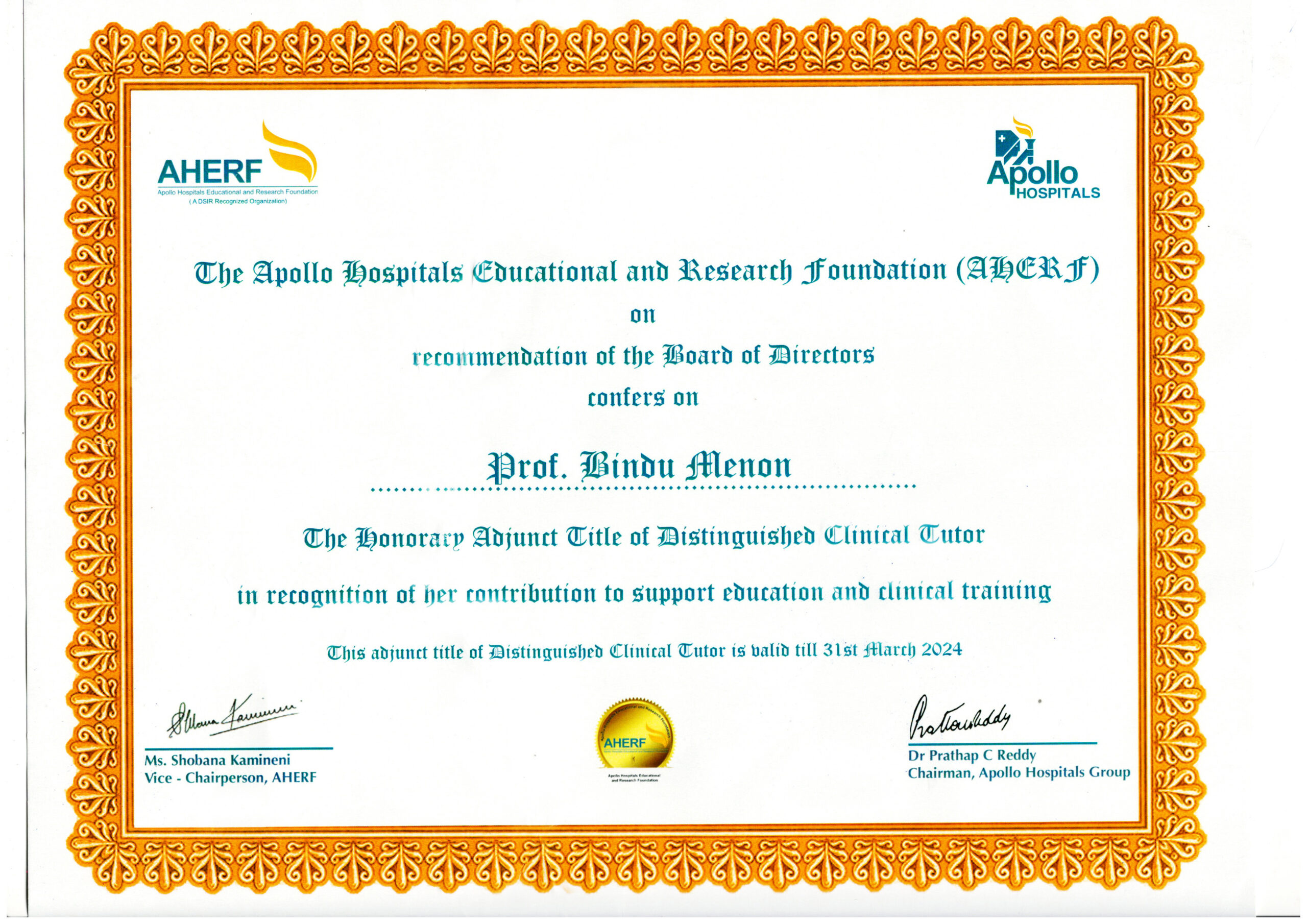 " Distinguished Clinical Tutor" award from AHERF