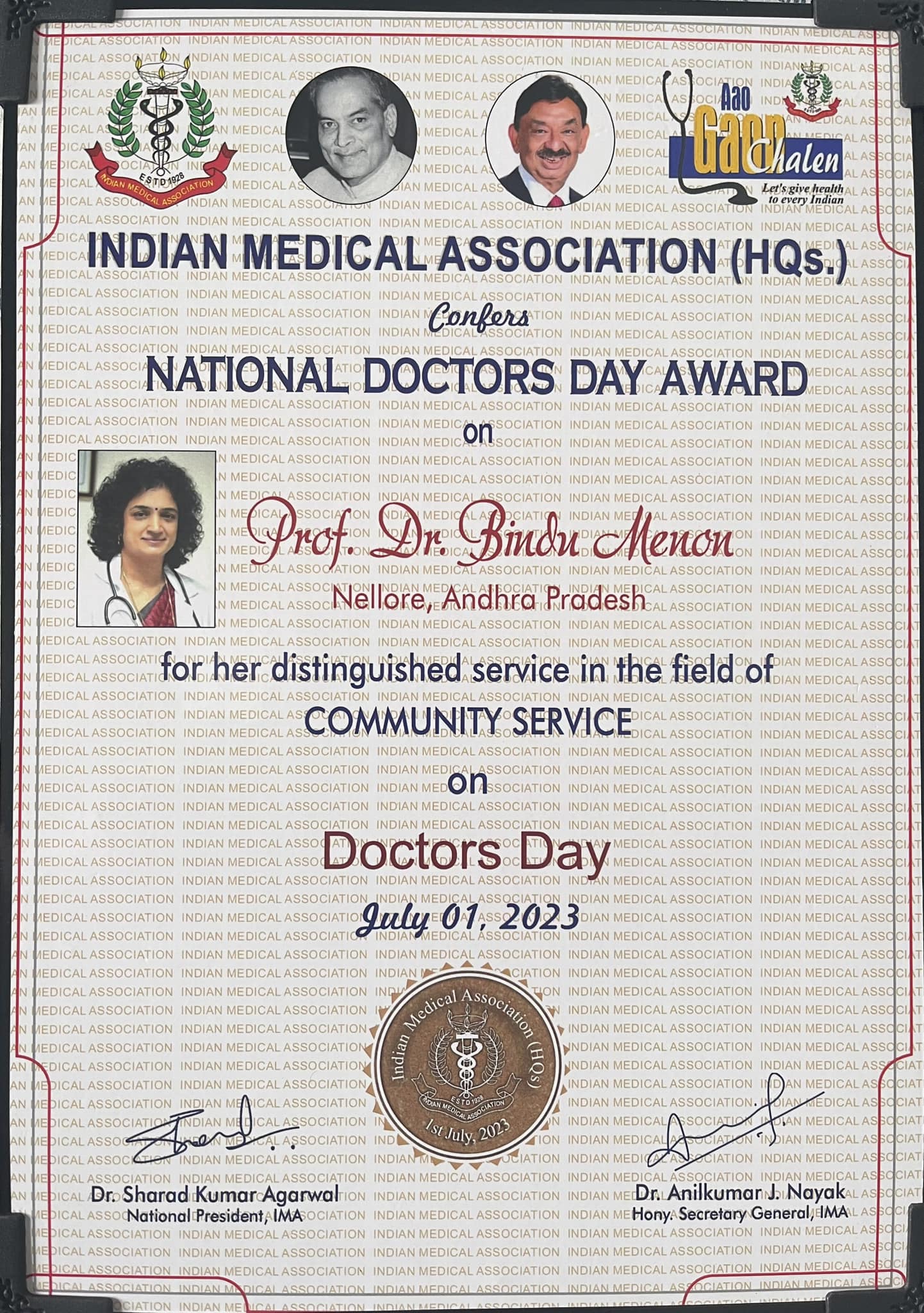 National Indian Medical Association Doctors Day Award 2023