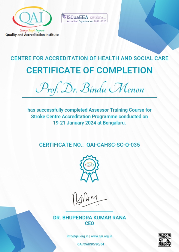 CENTRE FOR ACCREDITATION OF HEALTH AND SOCIAL CARE Completed Assessor Training Course for Stroke Cen